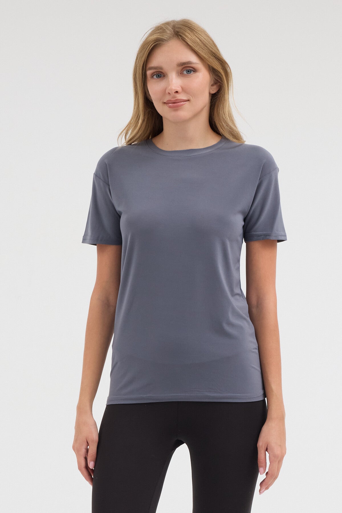 ALVORN Kadın Regular Fit Basic Tişört - Gri - Görsel 1